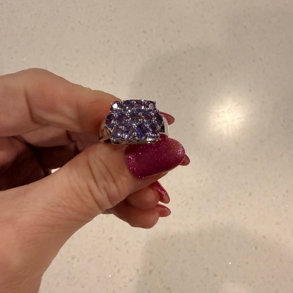Tanzanite, 2.08 CTW, 14k white gold over sterling silver band, size 8, NWOT